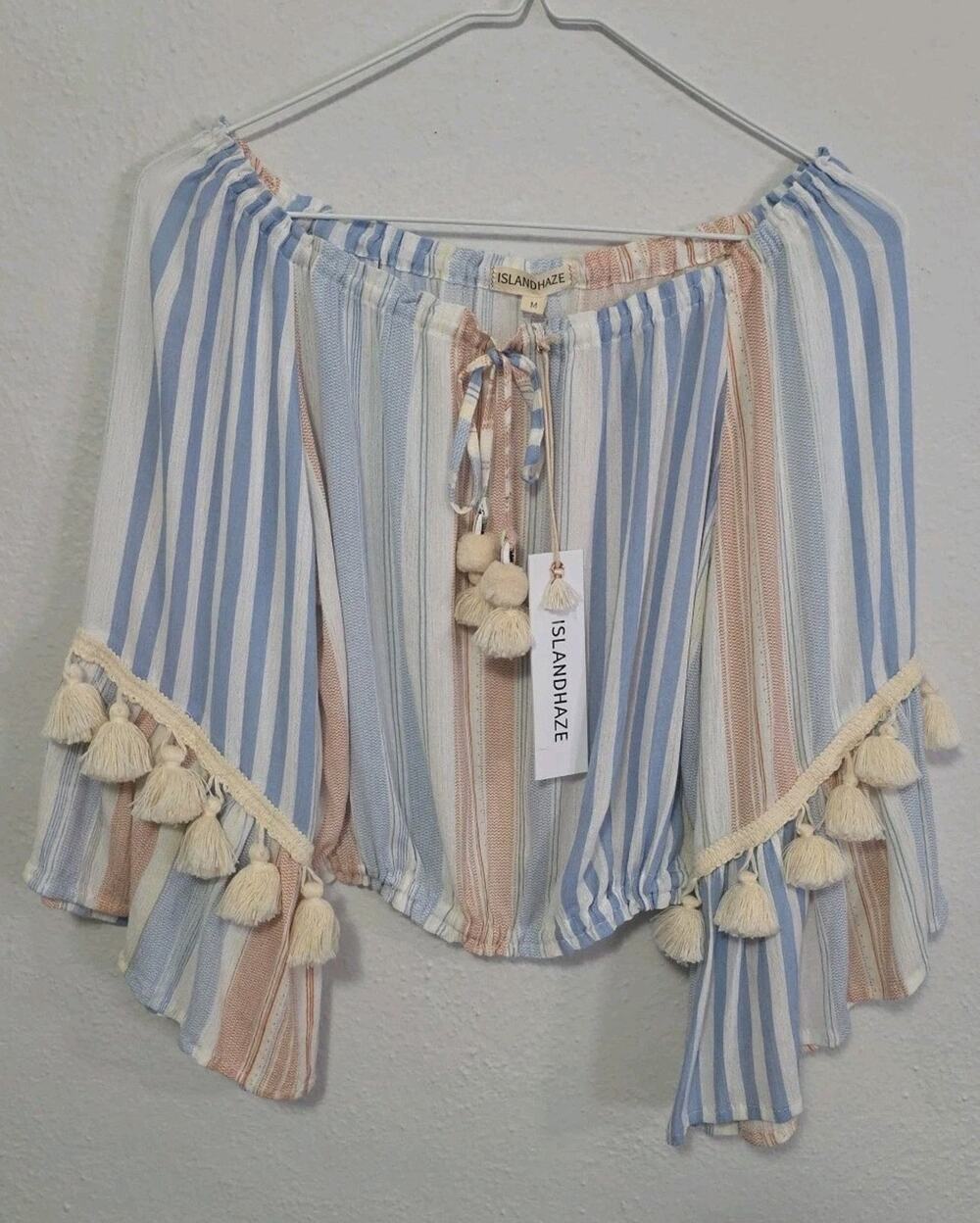 Island Haze Women's Top Size M Rainbow Skyline Tassel Blue Peach Cream Fringe